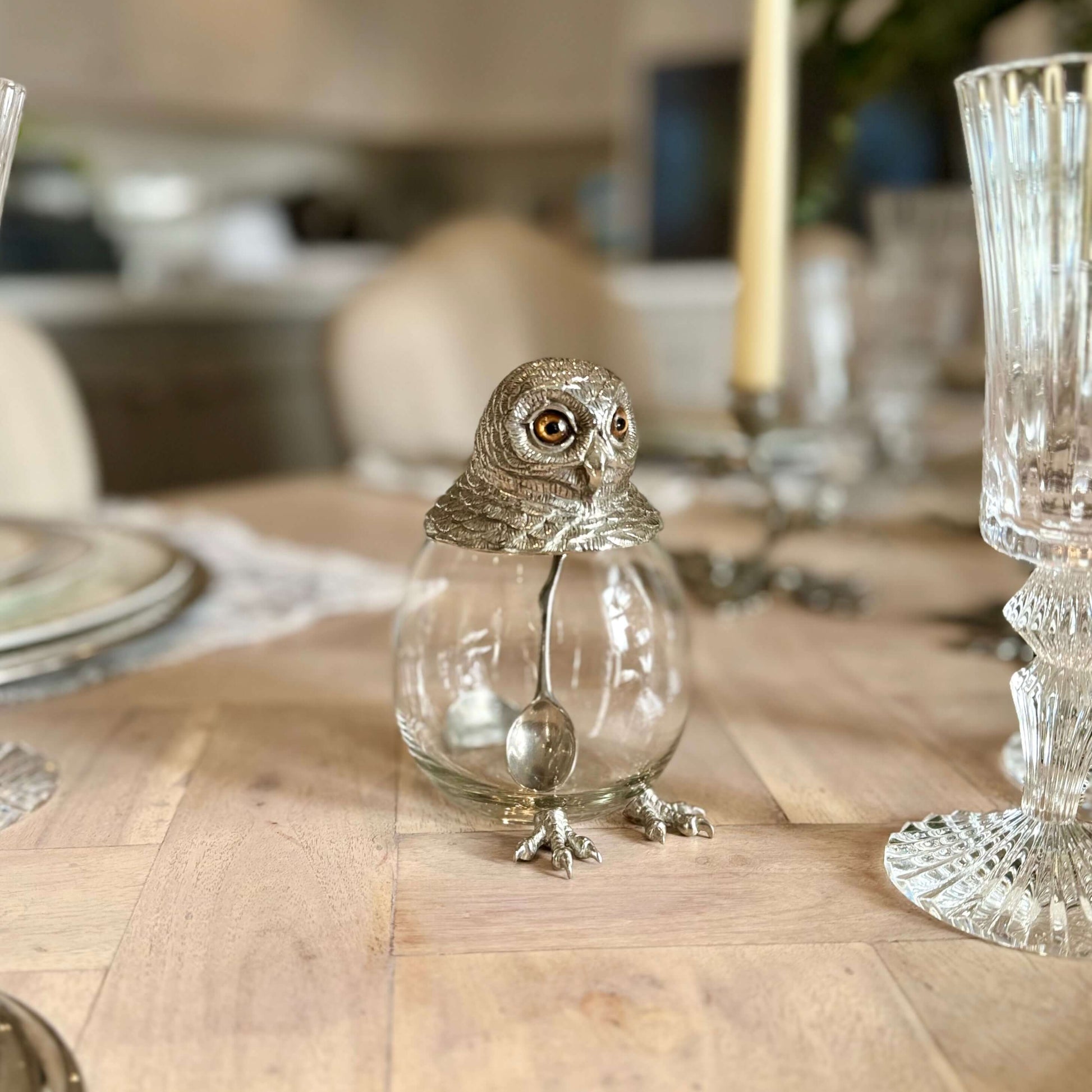 Owl Jar and Spoon Set in Pewter and Glass