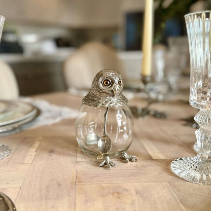 Owl Jar and Spoon Set in Pewter and Glass