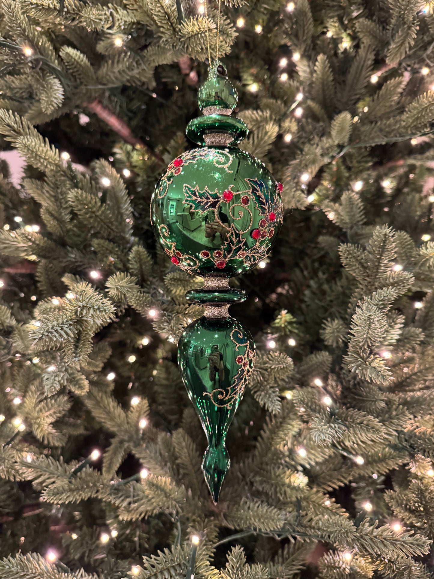 Green Finial Bauble with Holly
