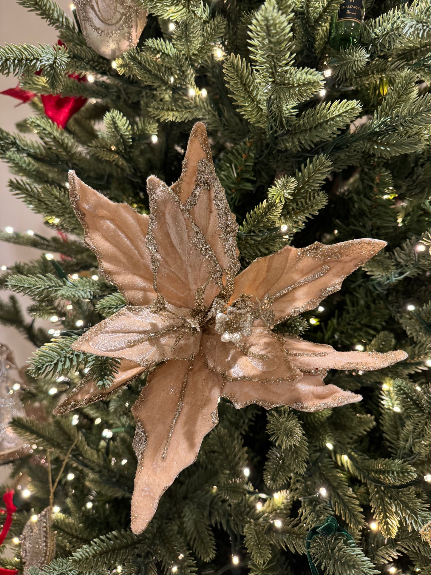 Beige Velvet Poinsettia Stem with Glitter