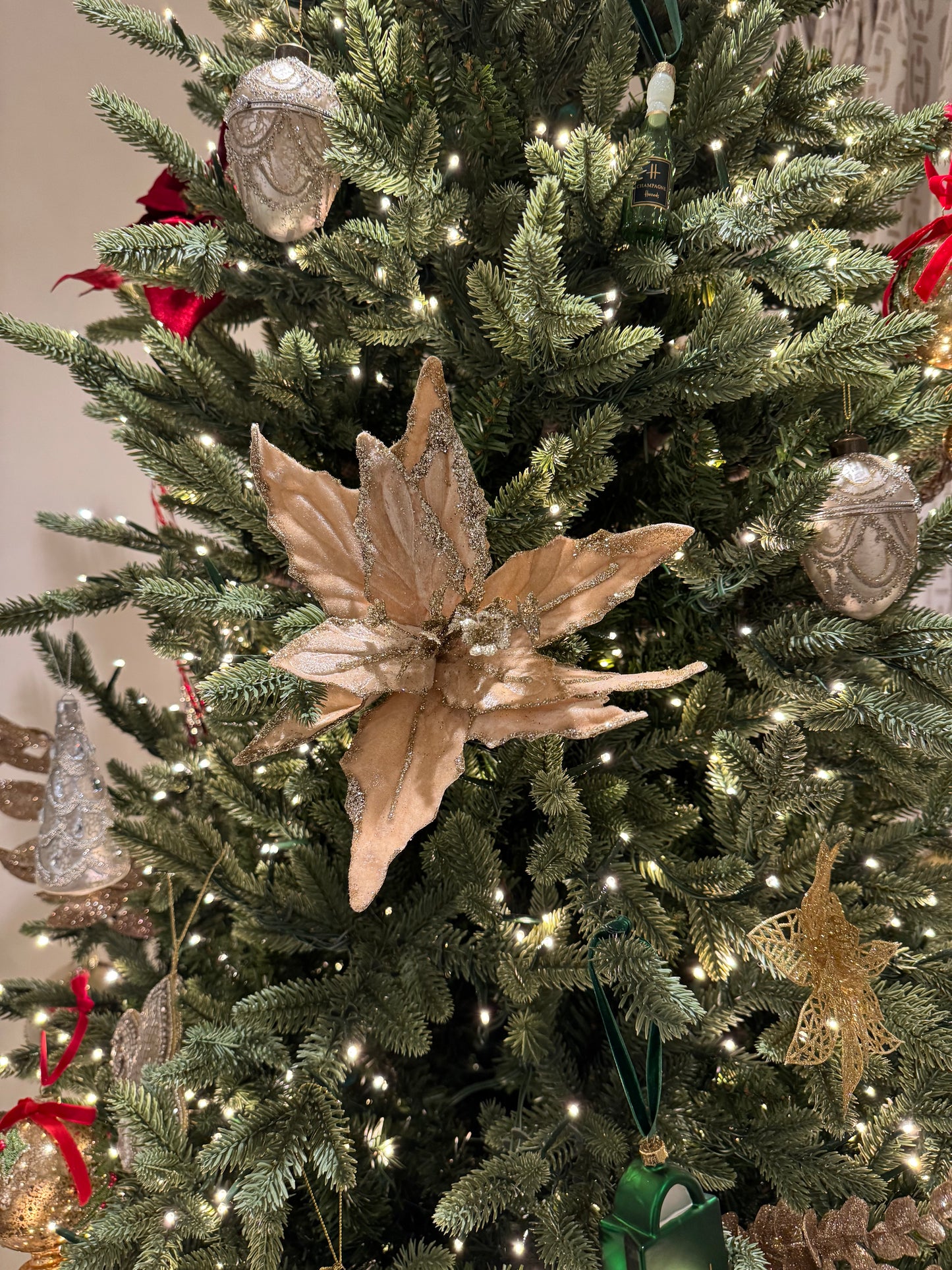 Beige Velvet Poinsettia Stem with Glitter
