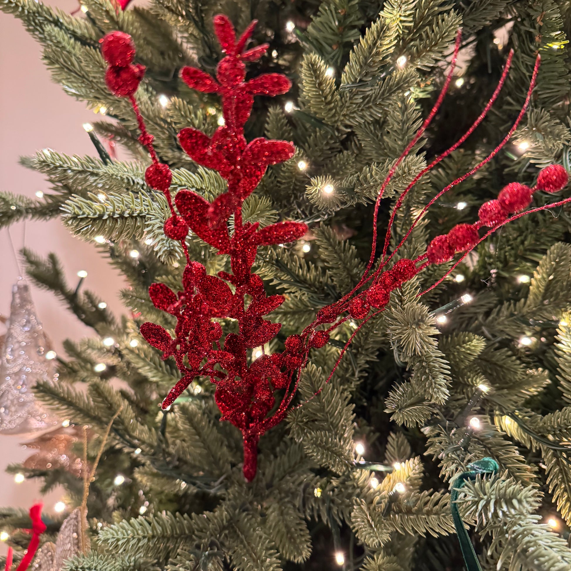 Eucalyptus Beaded Sprig in Glittered Red