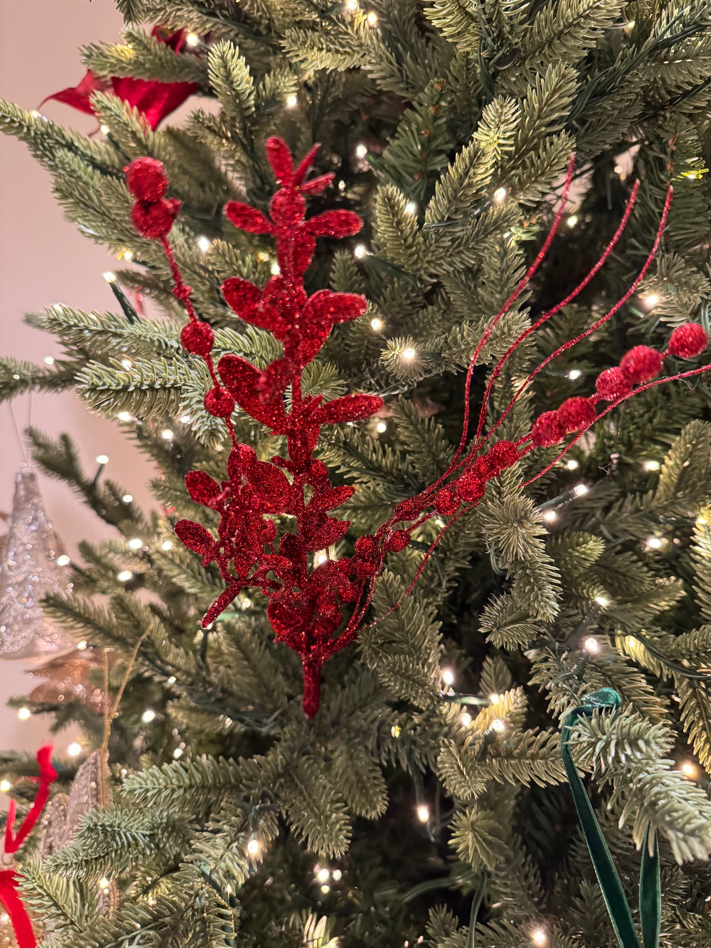 Glittered Red Eucalyptus Beaded Sprig