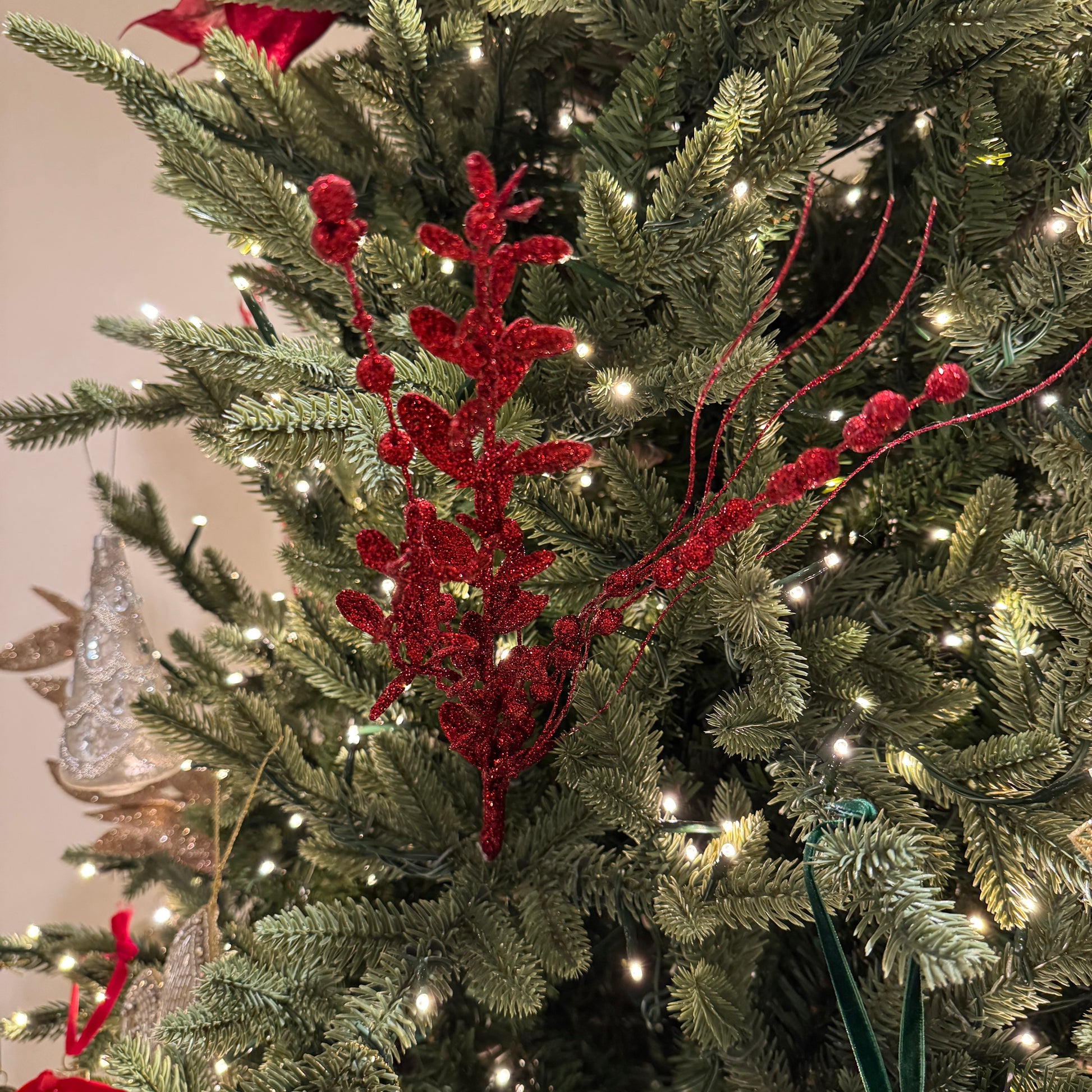 Eucalyptus Beaded Sprig in Glittered Red