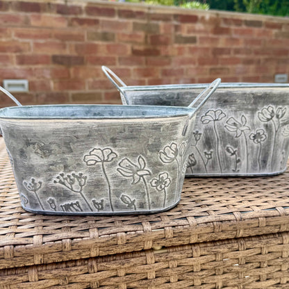 Vintage Oval Galvanised Metal Flower Planters – Large