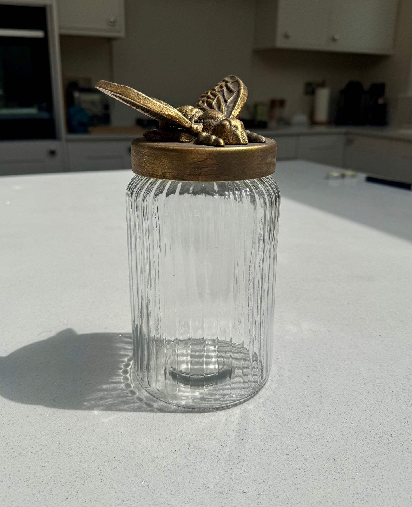 Tall Ribbed Glass Jar with Antique Gold Bee Lid