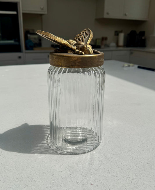 Tall Ribbed Glass Jar with Antique Gold Bee Lid