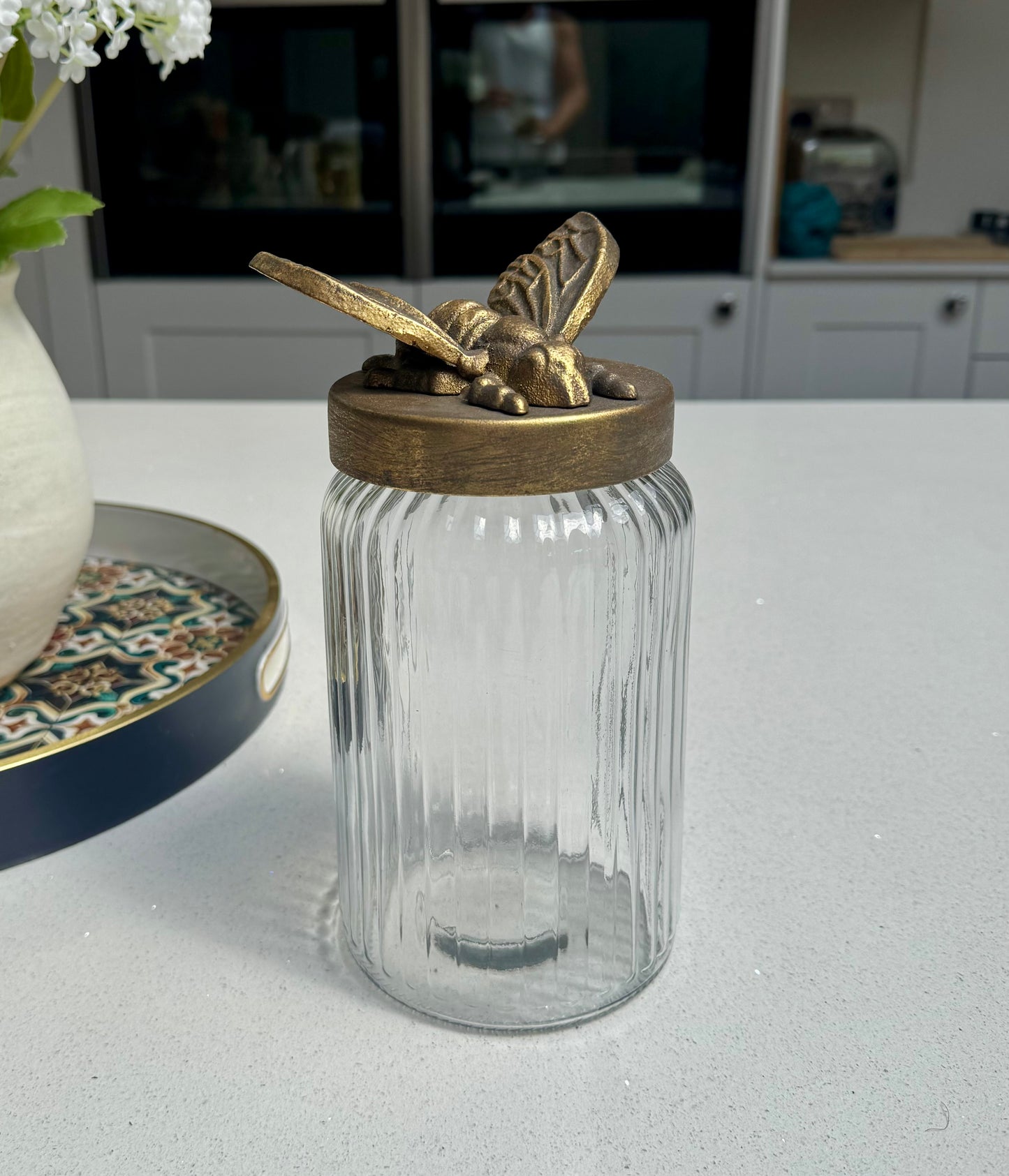 Tall Ribbed Glass Jar with Antique Gold Bee Lid