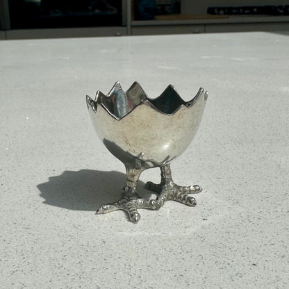 Handcrafted pewter egg cup with sculptural chick feet