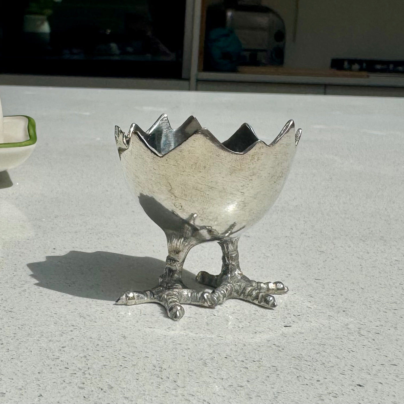 Pewter breakfast egg cup with chick-feet base