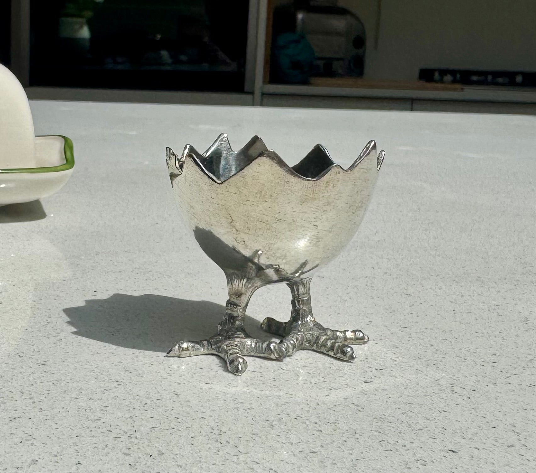 Pewter breakfast egg cup with chick-feet base