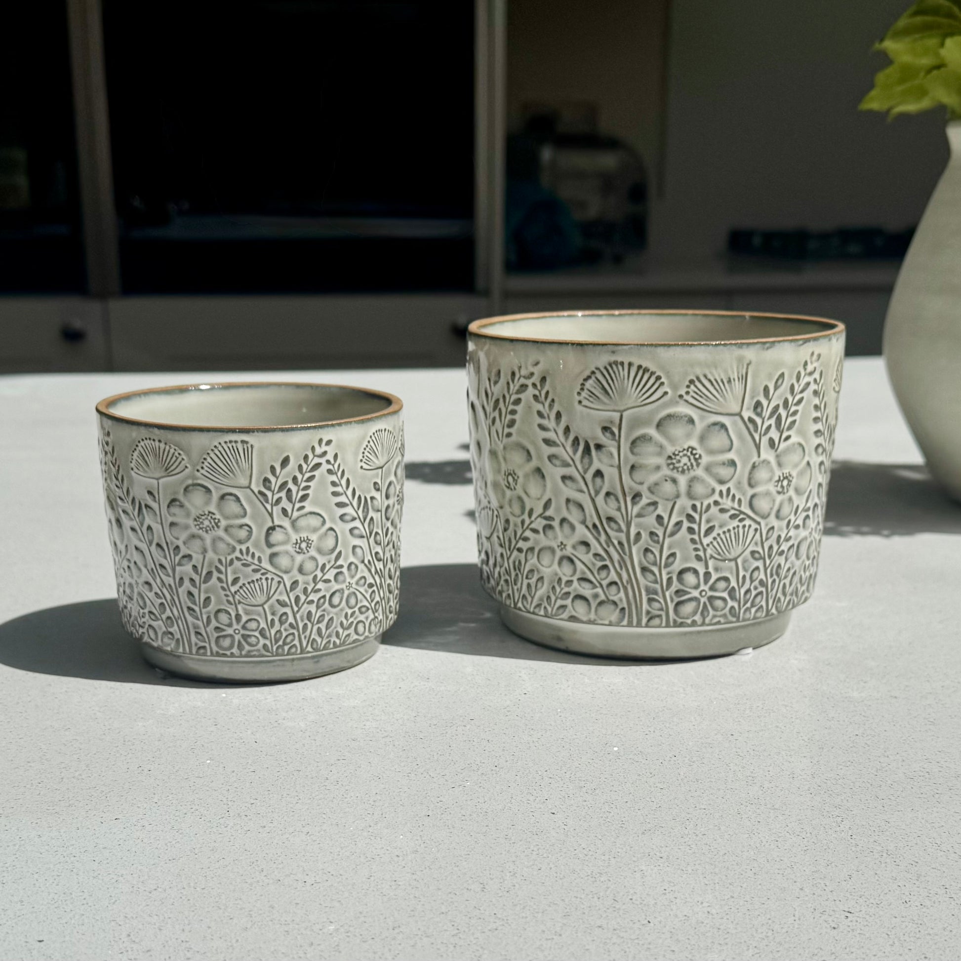 Floral Ceramic Flower Pot with Blackened Glaze – Small