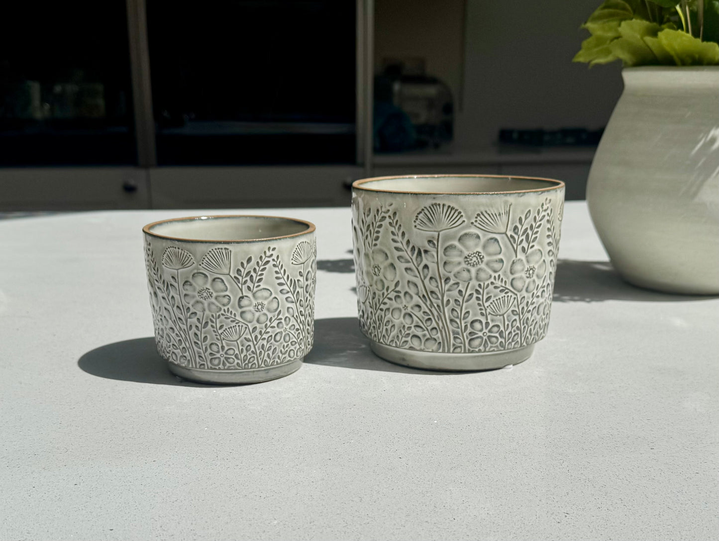 Floral Ceramic Flower Pot with Blackened Glaze