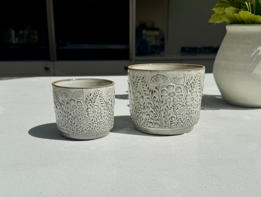 Floral Ceramic Flower Pot with Blackened Glaze