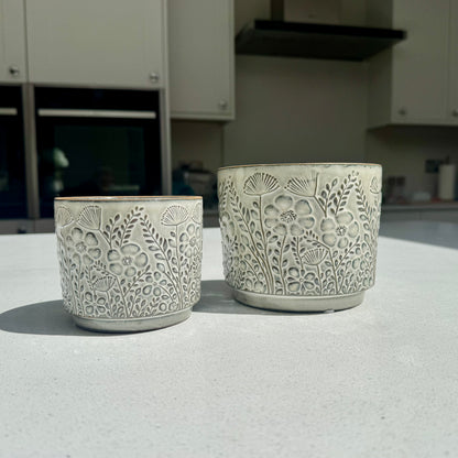 Floral Ceramic Flower Pot with Blackened Glaze – Medium