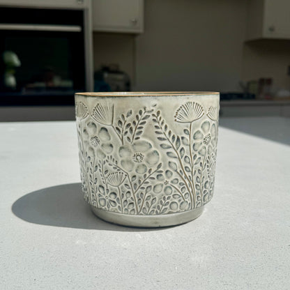 Floral Ceramic Flower Pot with Blackened Glaze