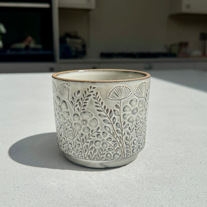 Floral Ceramic Flower Pot with Blackened Glaze