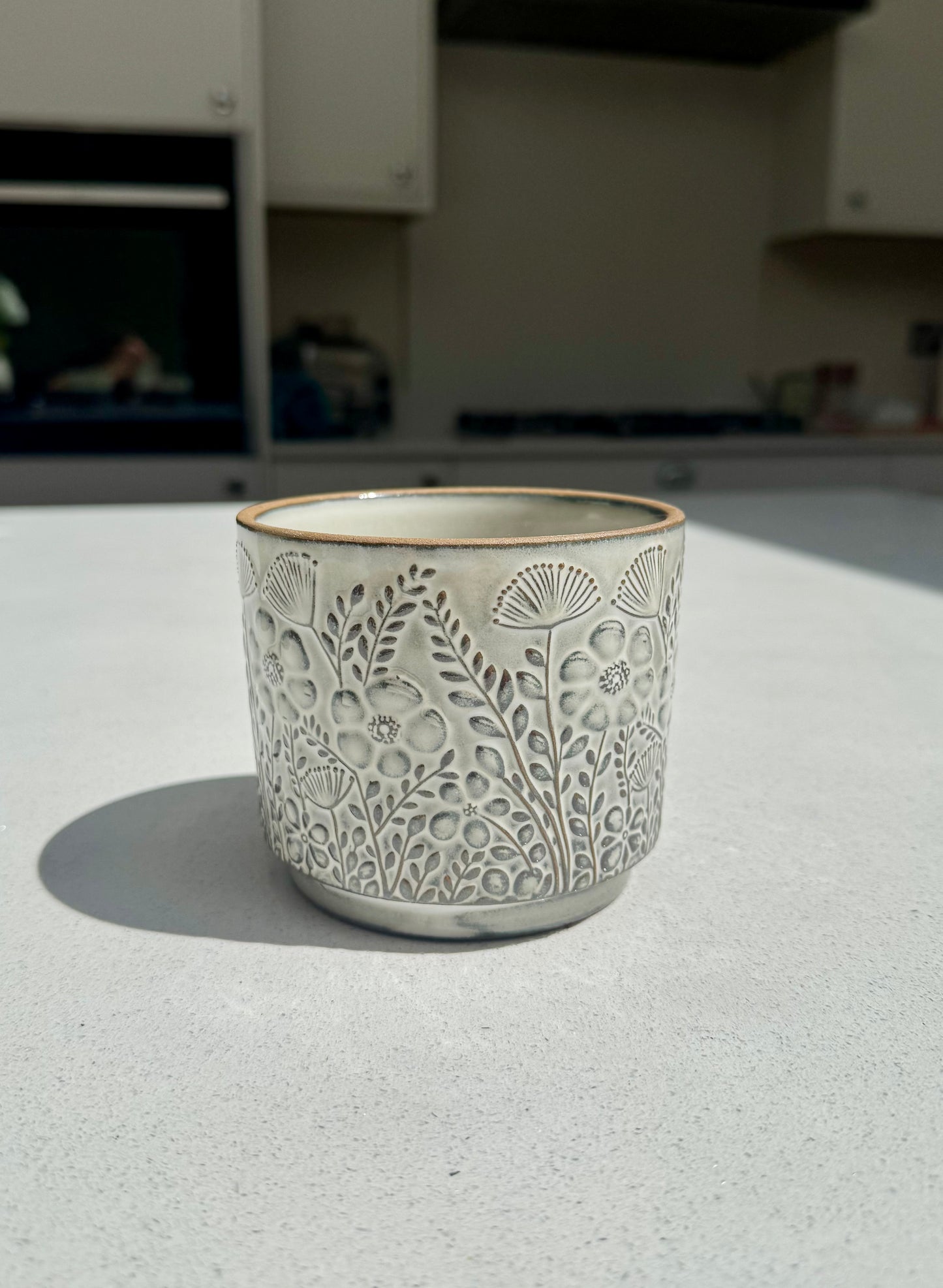 Floral Ceramic Flower Pot with Blackened Glaze