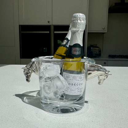 Glass Champagne Ice Bucket with Pewter Horse Head Handles