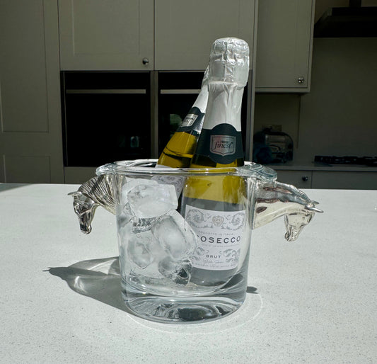 Glass Champagne Ice Bucket with Pewter Horse Head Handles