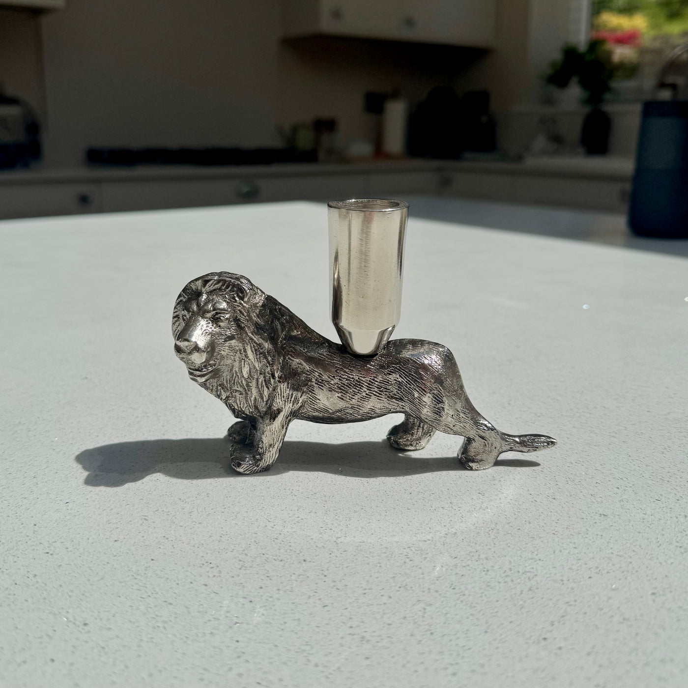 Brushed Aluminum Lion Candle Holder: Regal Table & Mantel Decor