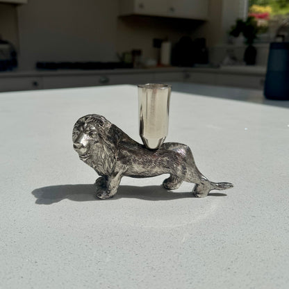 Brushed Aluminum Lion Candle Holder: Regal Table & Mantel Decor