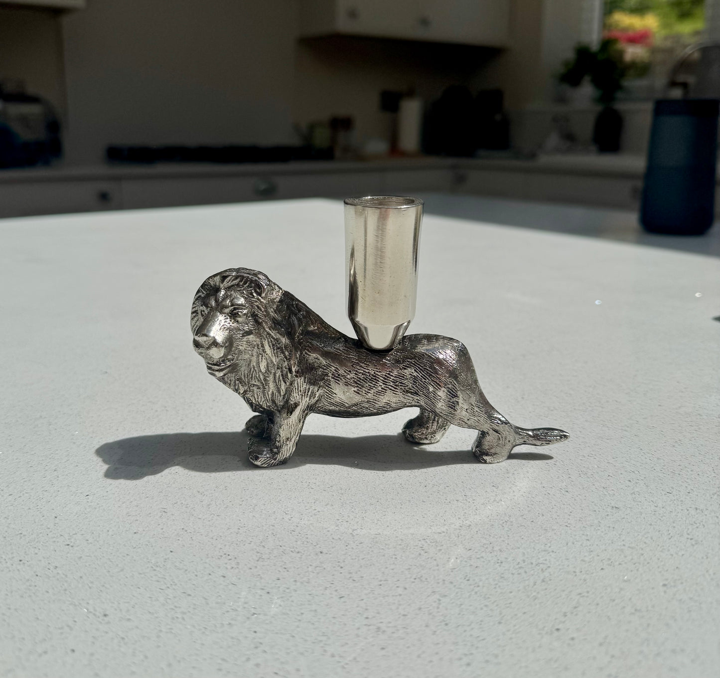 Brushed Aluminum Lion Candle Holder: Regal Table & Mantel Decor