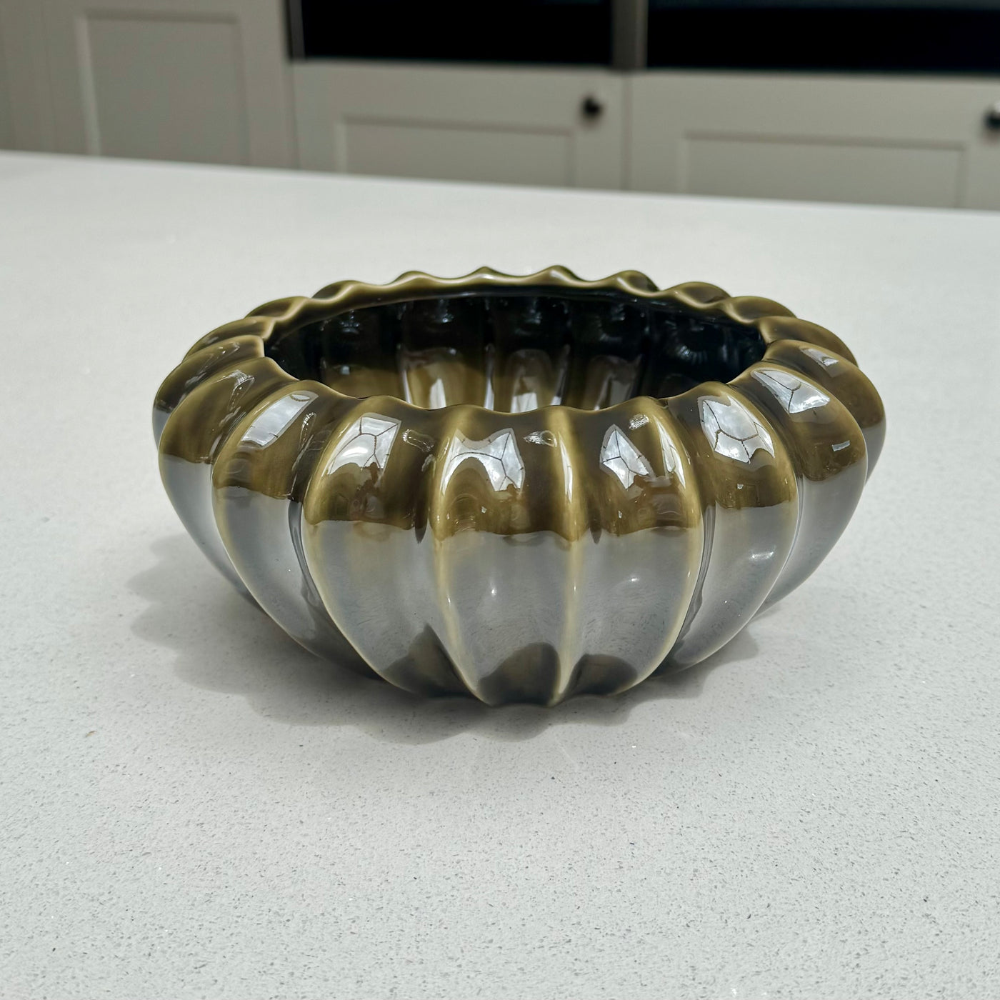 Sculptural olive green ceramic pod bowl vase