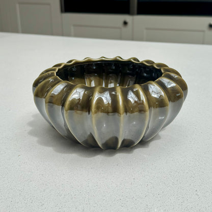 Sculptural olive green ceramic pod bowl vase
