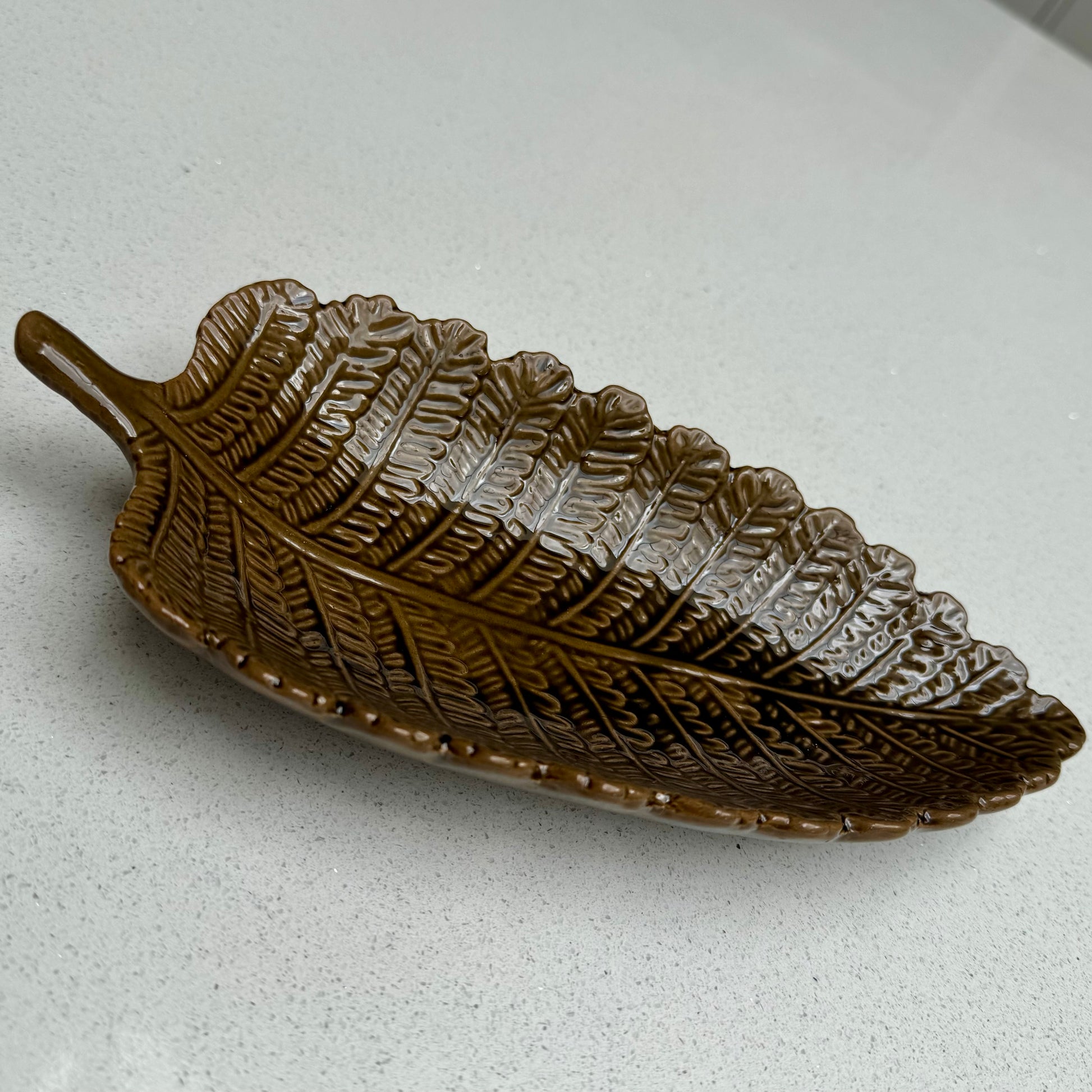 Decorative Ceramic Leaf Bowl in Rustic Tan