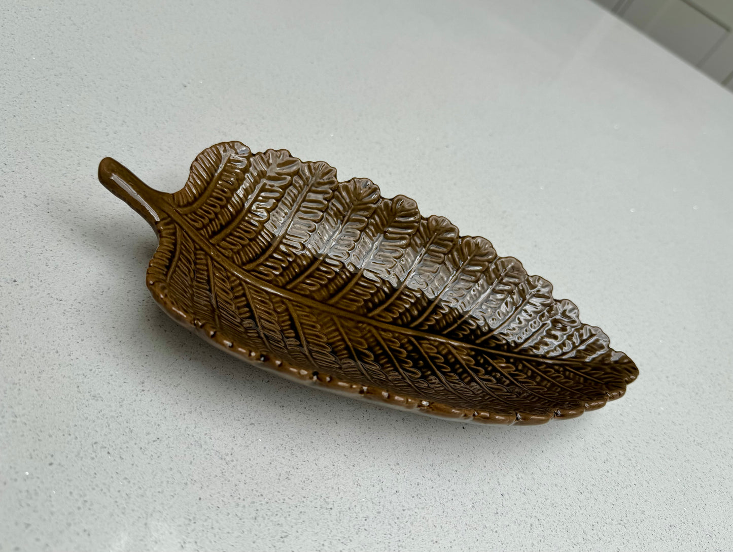 Decorative Ceramic Leaf Bowl in Rustic Tan