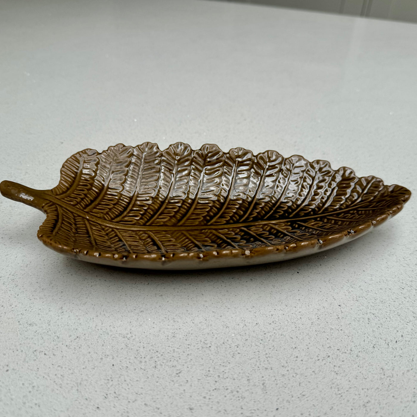 Decorative Ceramic Leaf Bowl in Rustic Tan