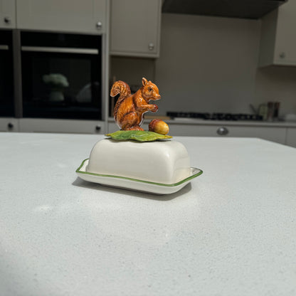 Detailed squirrel and acorn ceramic butter dish