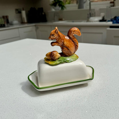 Woodland squirrel butter dish in hand-painted ceramic