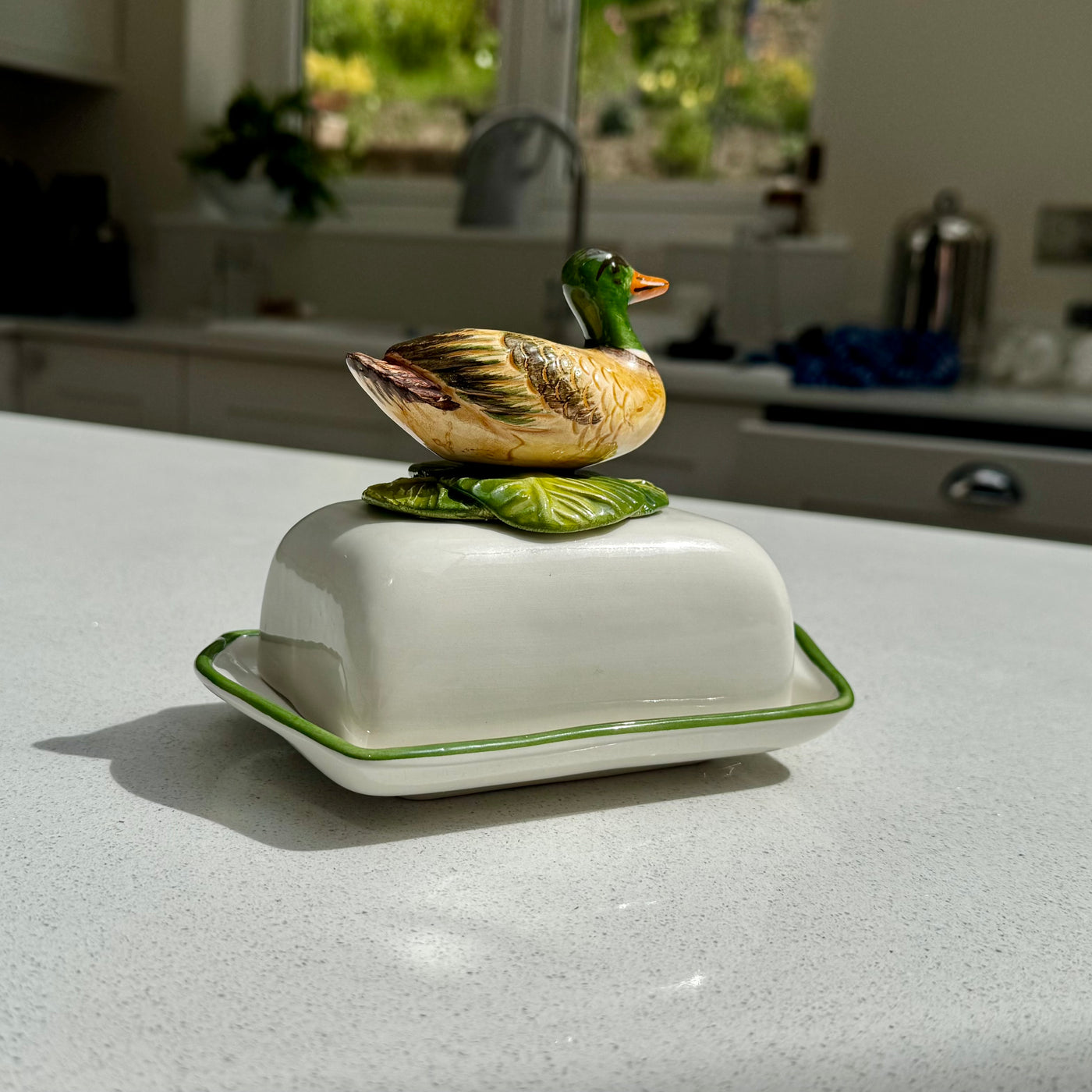 Hand-painted Mallard Duck ceramic butter dish for country kitchens
