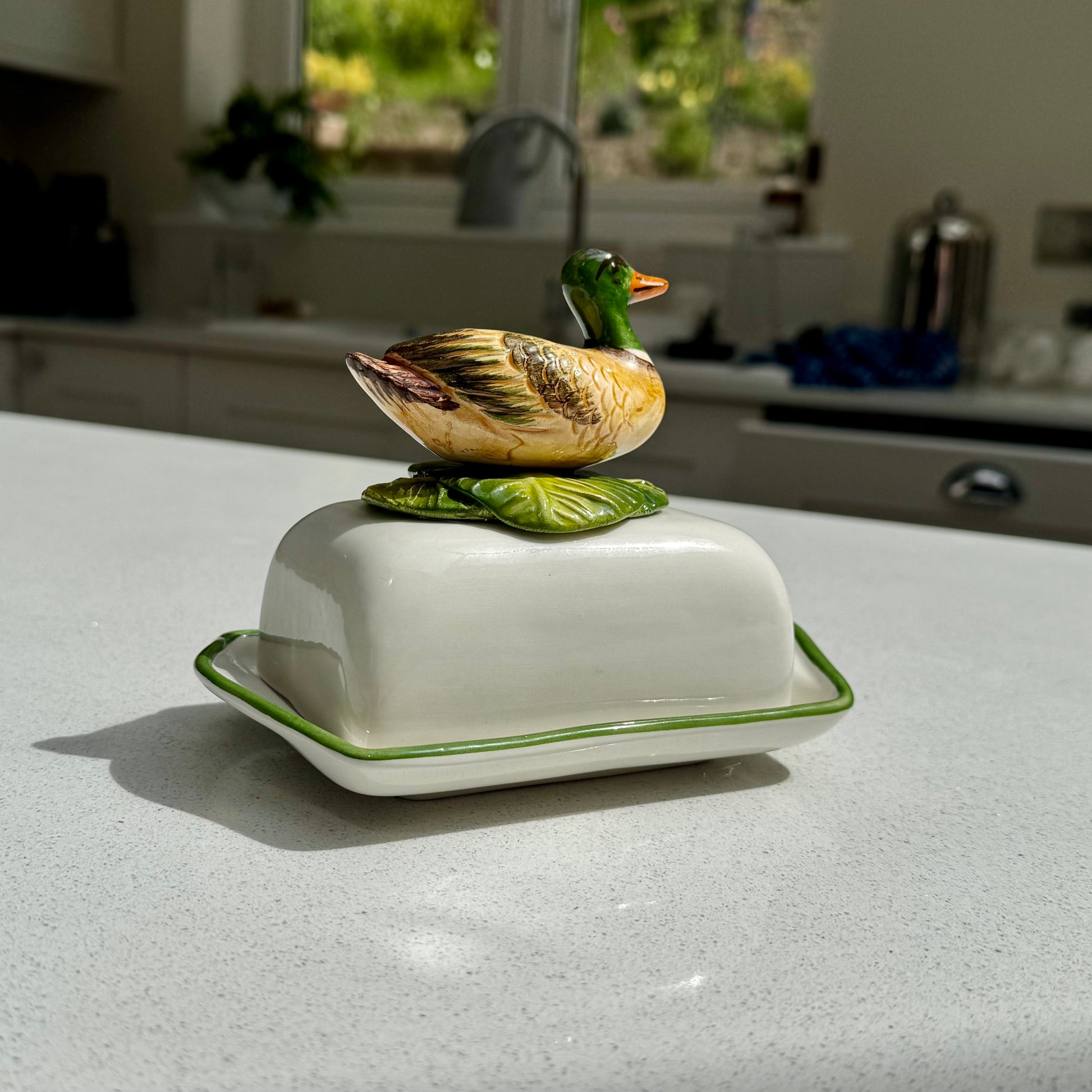 Hand-painted Mallard Duck ceramic butter dish for country kitchens