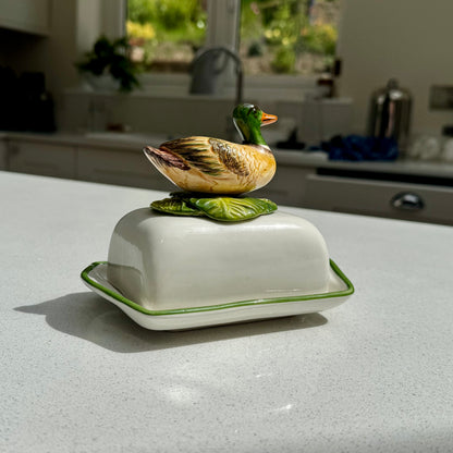Hand-painted Mallard Duck ceramic butter dish for country kitchens