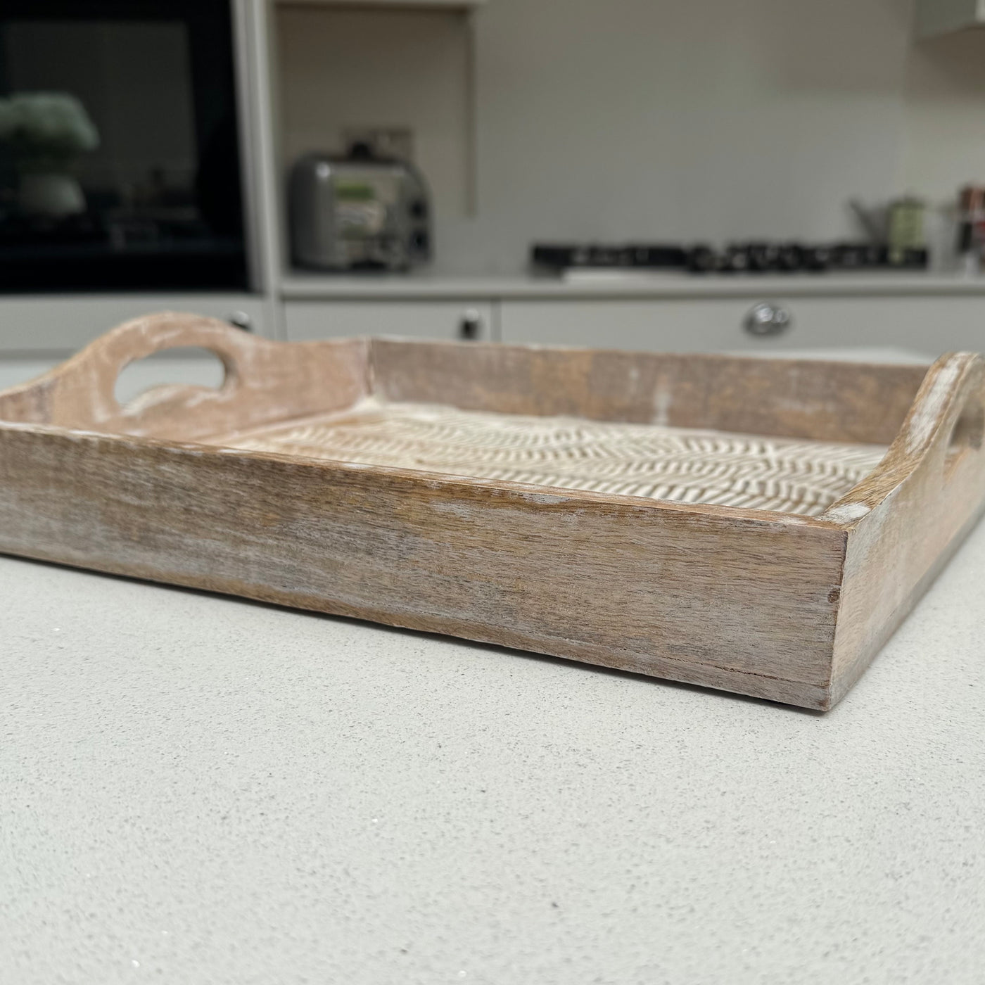 Large White Wash Wooden Decorative Serving Tray
