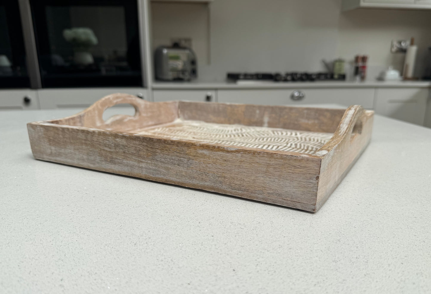 Large White Wash Wooden Decorative Serving Tray