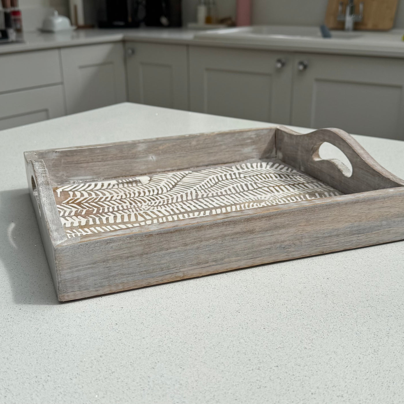 Medium White Wash Wooden Decorative Serving Tray