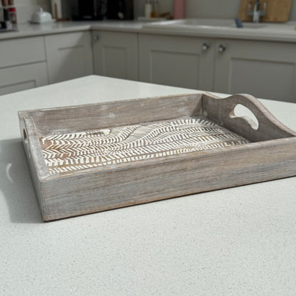 Medium White Wash Wooden Decorative Serving Tray