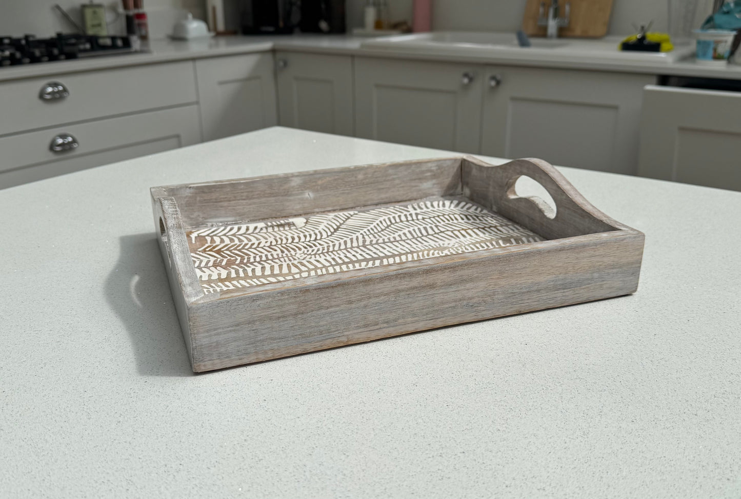 Medium White Wash Wooden Decorative Serving Tray