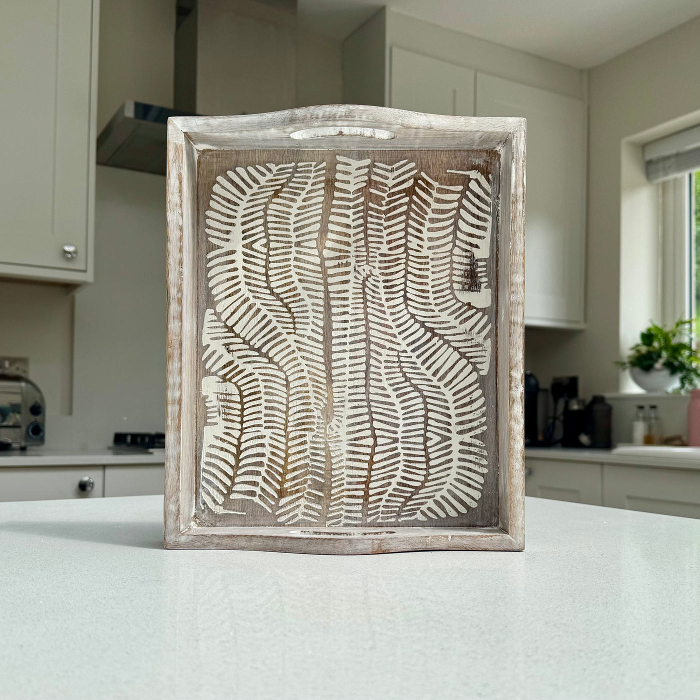 Large White Wash Wooden Decorative Serving Tray