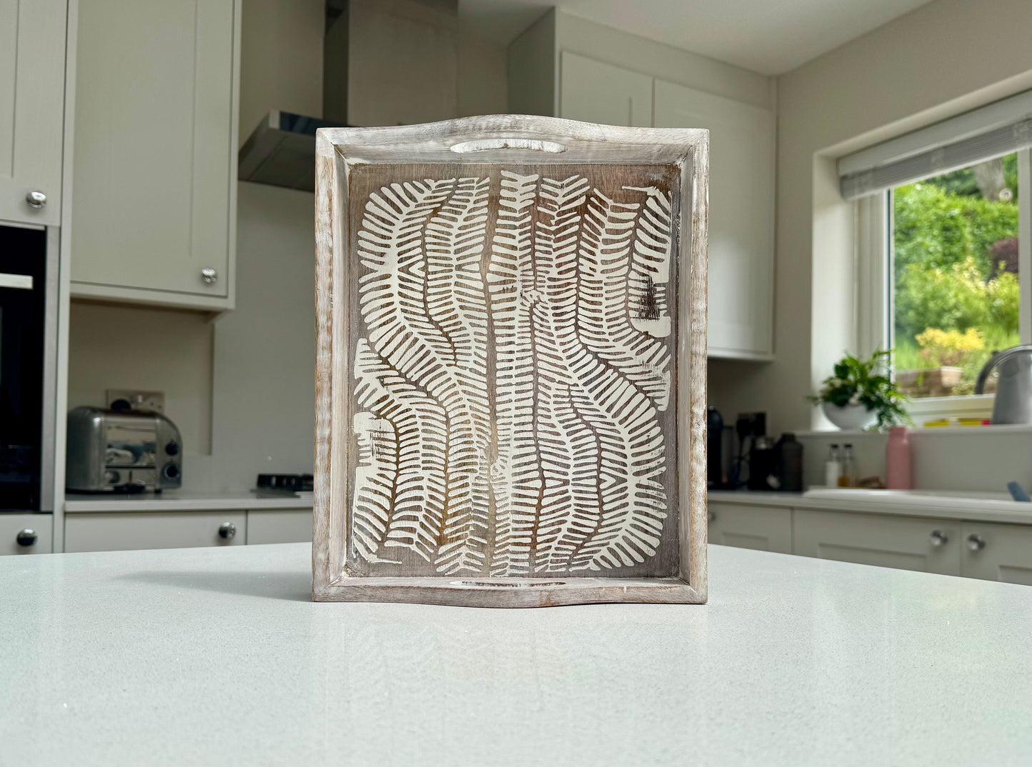 Large White Wash Wooden Decorative Serving Tray