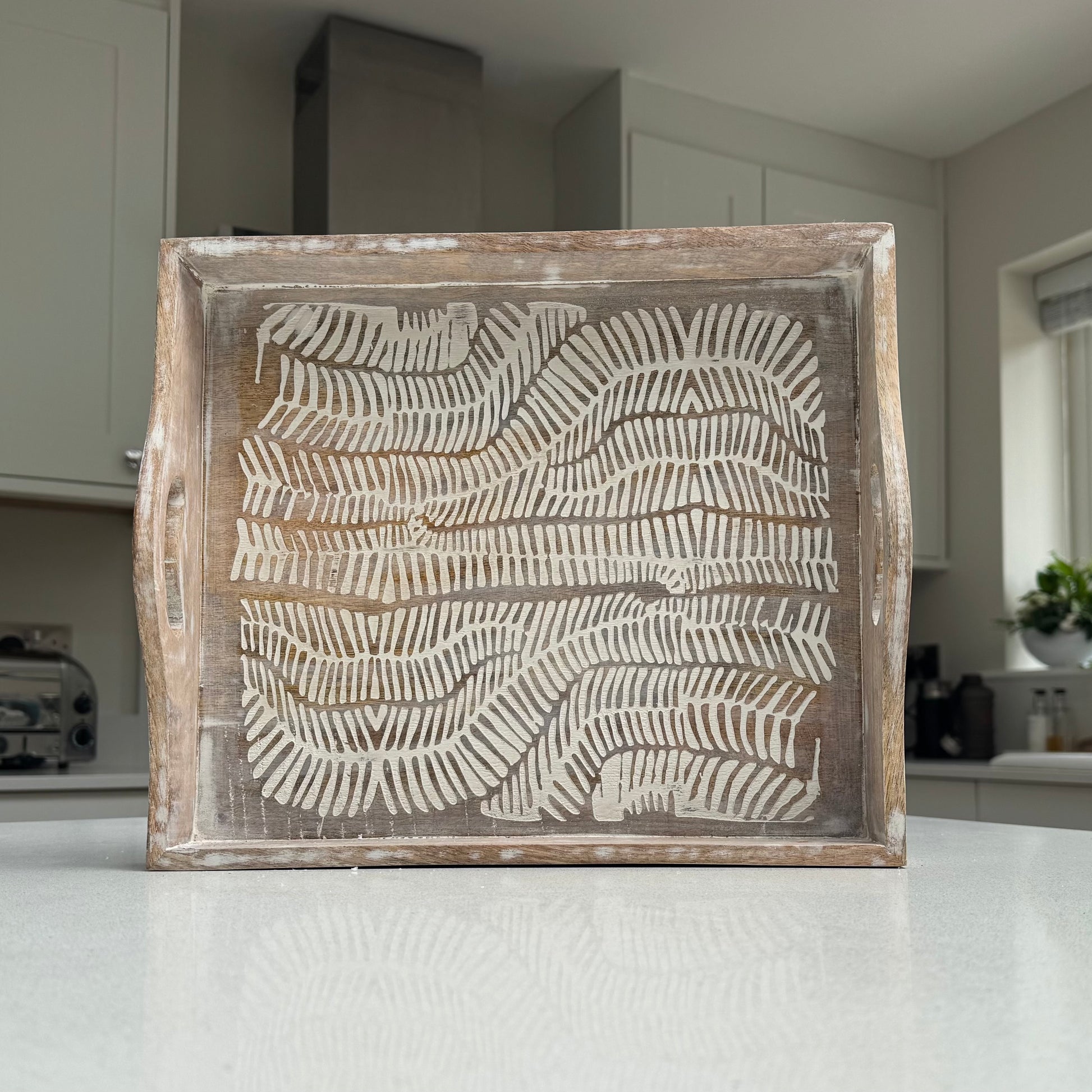 Large White Wash Wooden Decorative Serving Tray