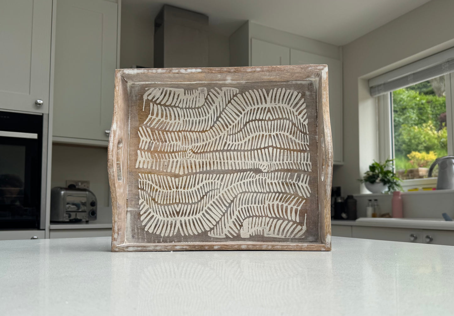 Large White Wash Wooden Decorative Serving Tray