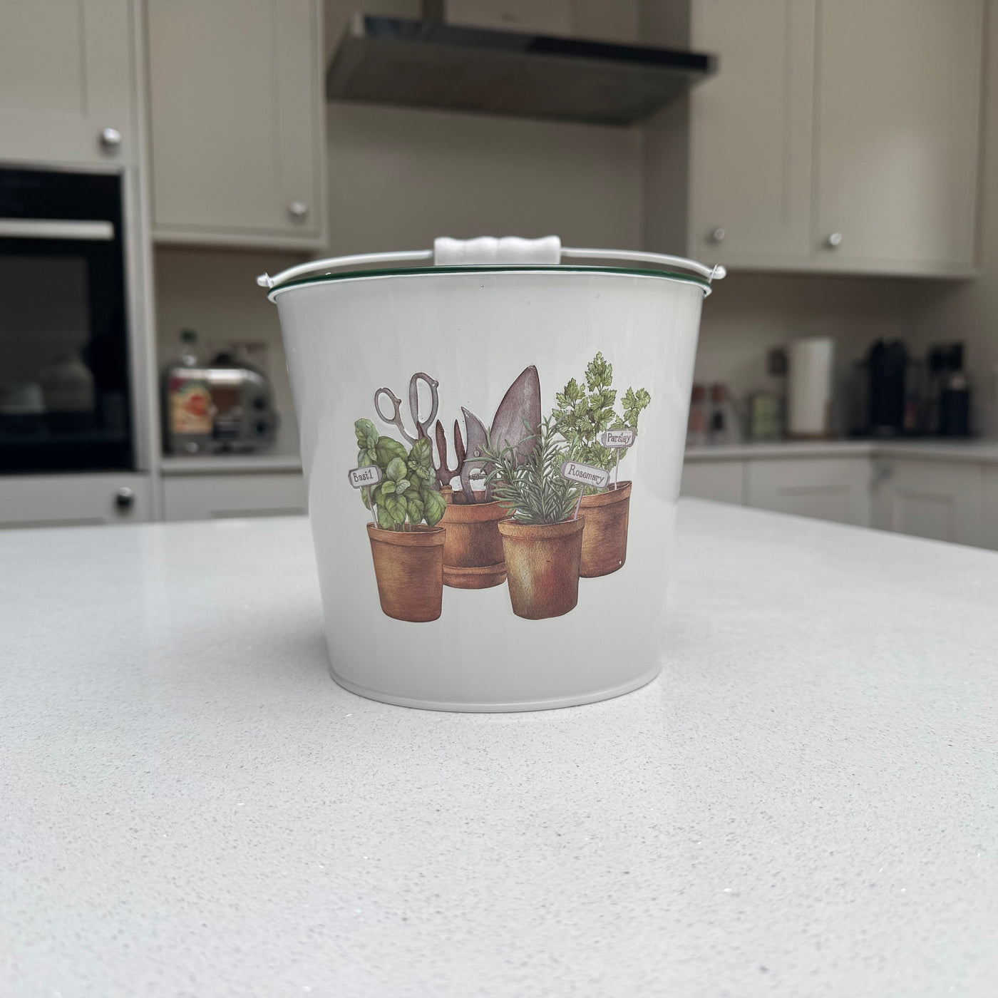 White Metal Herb Planter with Garden Tools Design 15cm