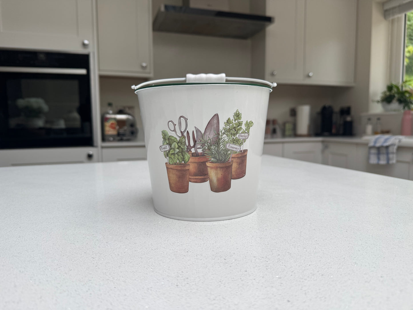 White Metal Herb Planter with Garden Tools Design 15cm