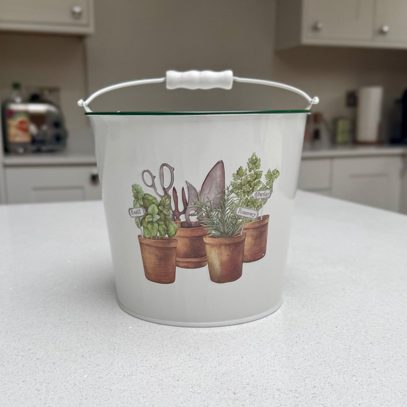 White Metal Herb Planter with Garden Tools Design 15cm