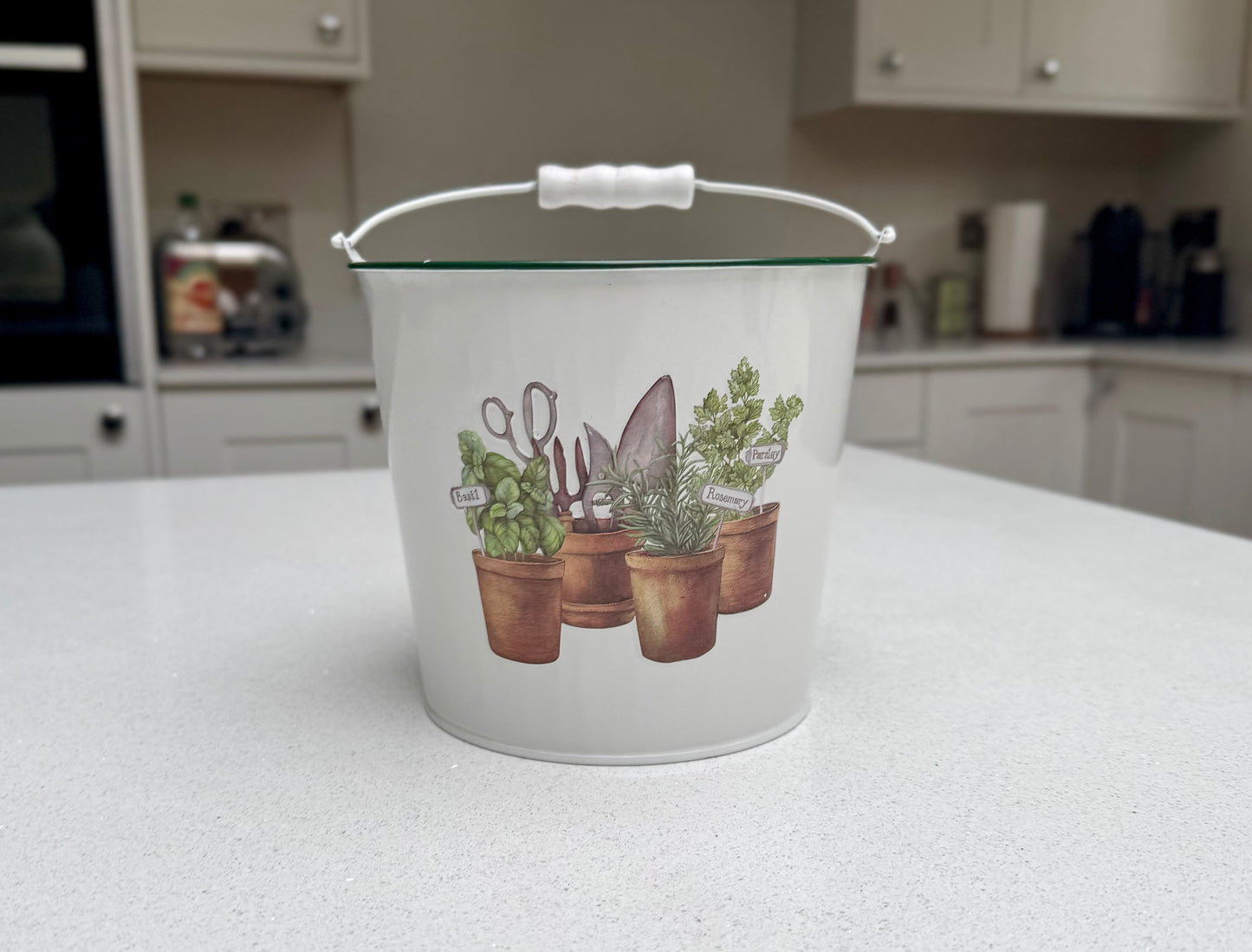White Metal Herb Planter with Garden Tools Design 15cm